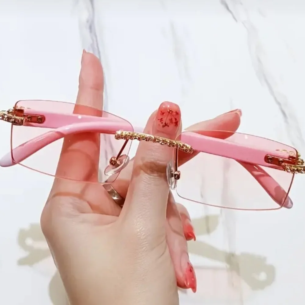 Rimless Rhinestone Luxurious Pink Sunglasses. Womens.